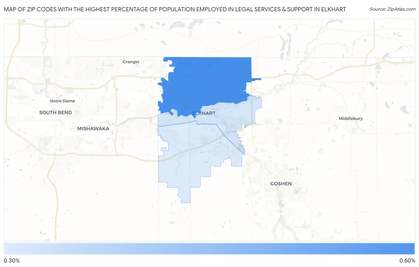 Zip Codes with the Highest Percentage of Population Employed in Legal Services & Support in Elkhart Map