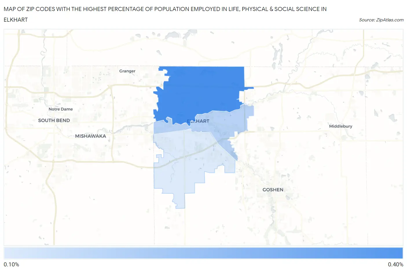 Zip Codes with the Highest Percentage of Population Employed in Life, Physical & Social Science in Elkhart Map