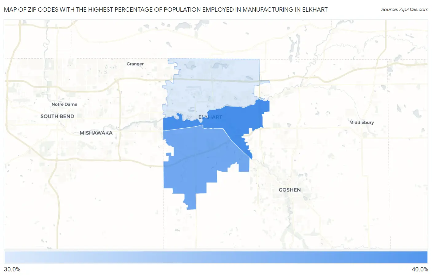 Zip Codes with the Highest Percentage of Population Employed in Manufacturing in Elkhart Map