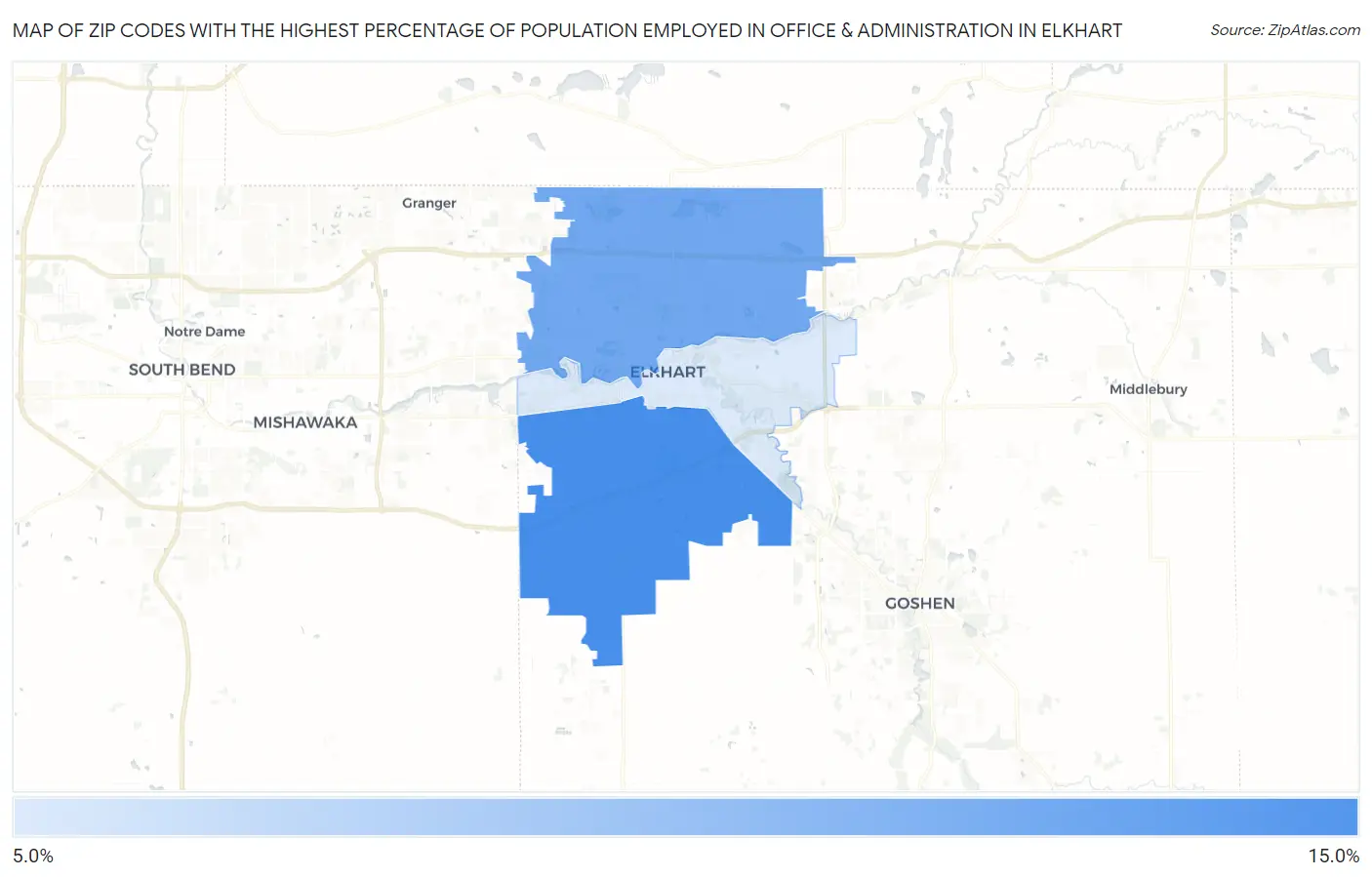 Zip Codes with the Highest Percentage of Population Employed in Office & Administration in Elkhart Map