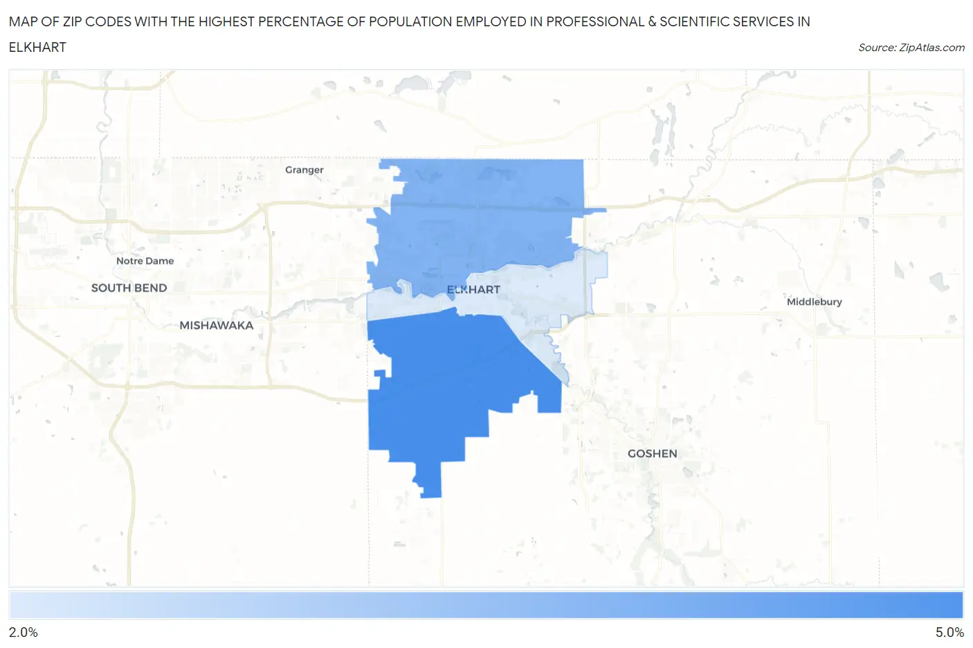 Zip Codes with the Highest Percentage of Population Employed in Professional & Scientific Services in Elkhart Map