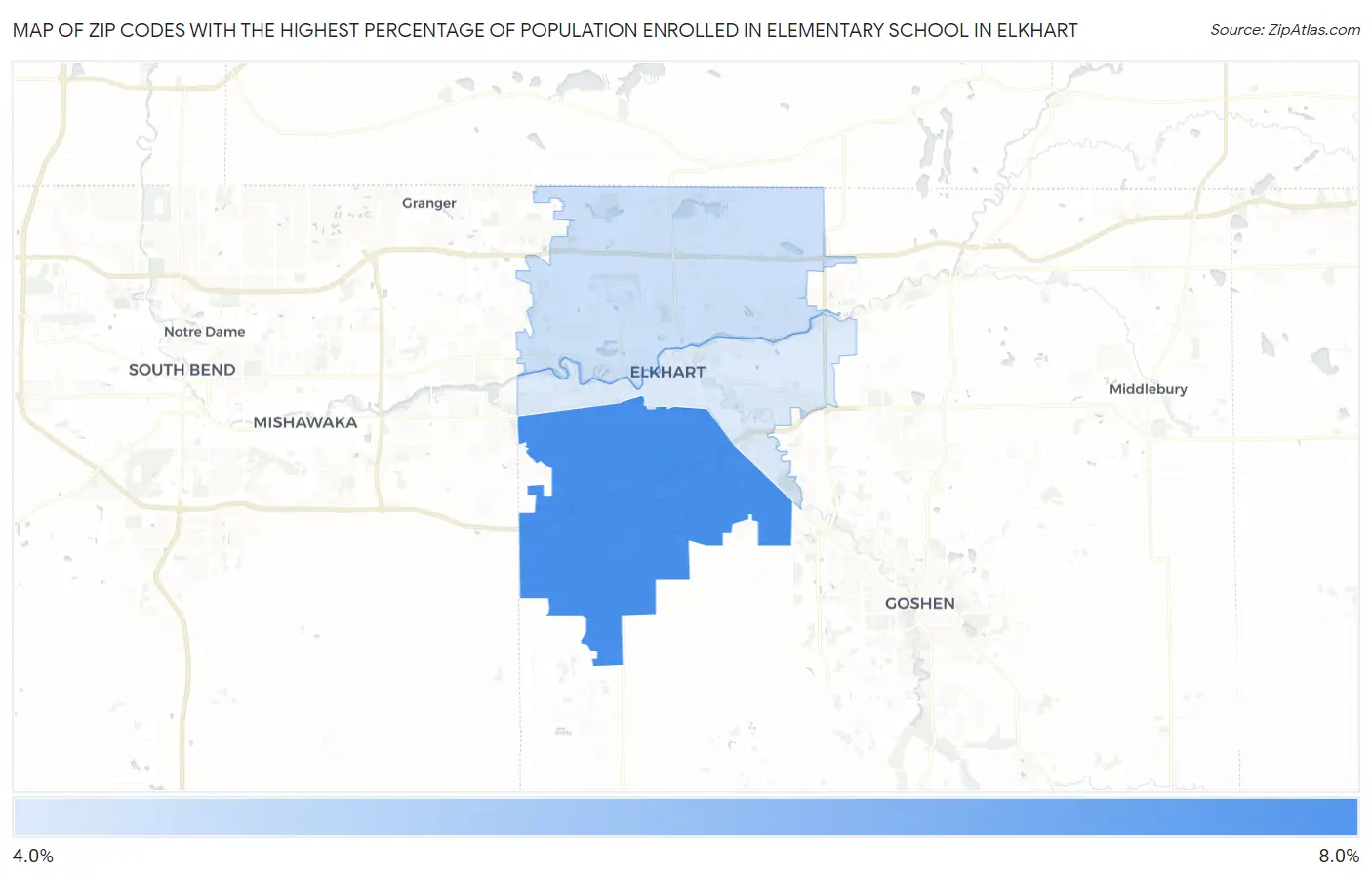 Zip Codes with the Highest Percentage of Population Enrolled in Elementary School in Elkhart Map