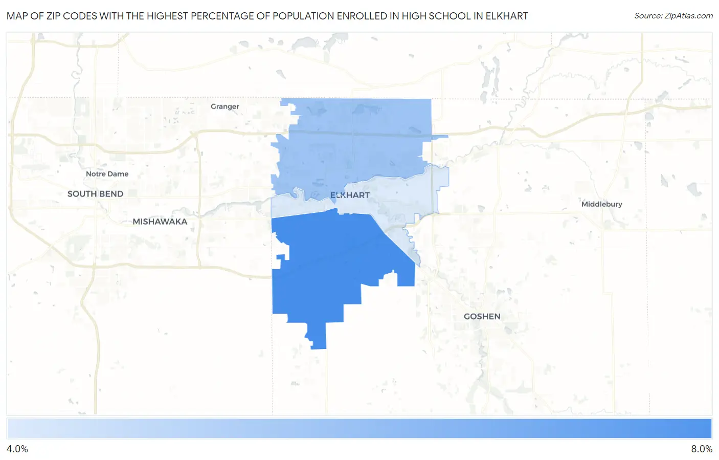 Zip Codes with the Highest Percentage of Population Enrolled in High School in Elkhart Map