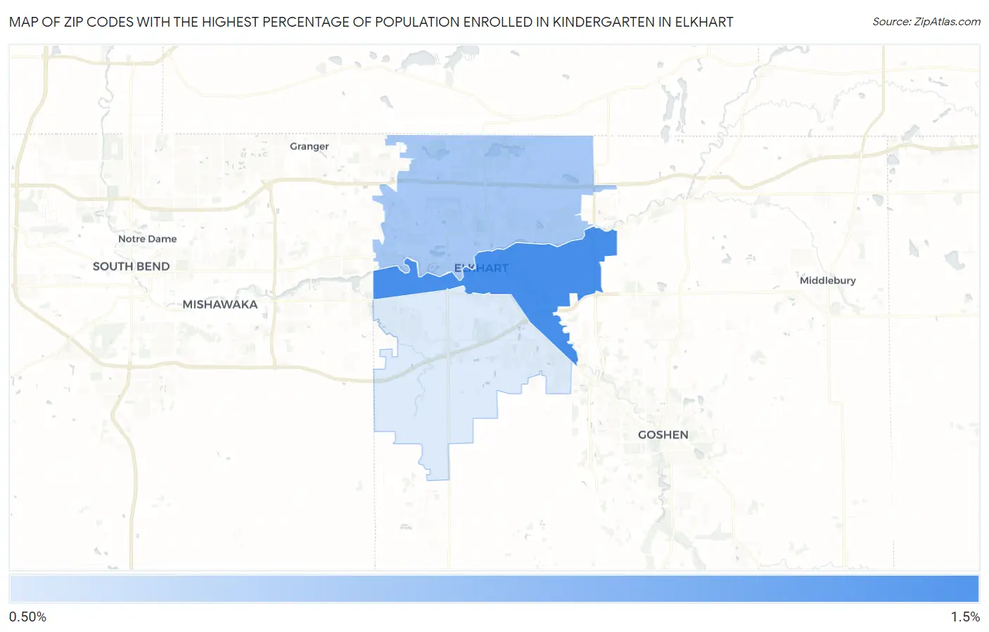 Zip Codes with the Highest Percentage of Population Enrolled in Kindergarten in Elkhart Map