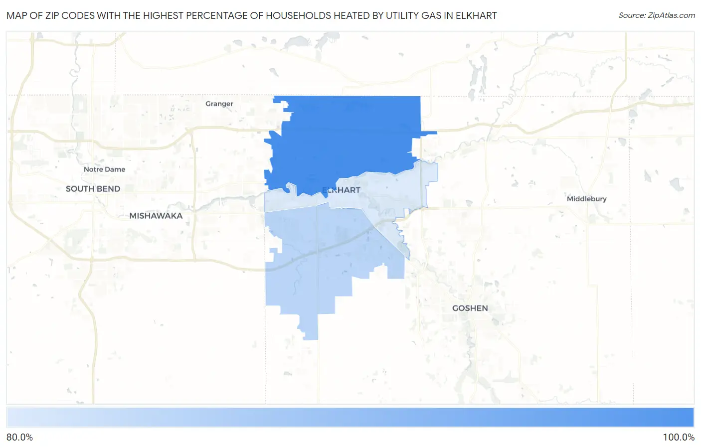 Zip Codes with the Highest Percentage of Households Heated by Utility Gas in Elkhart Map