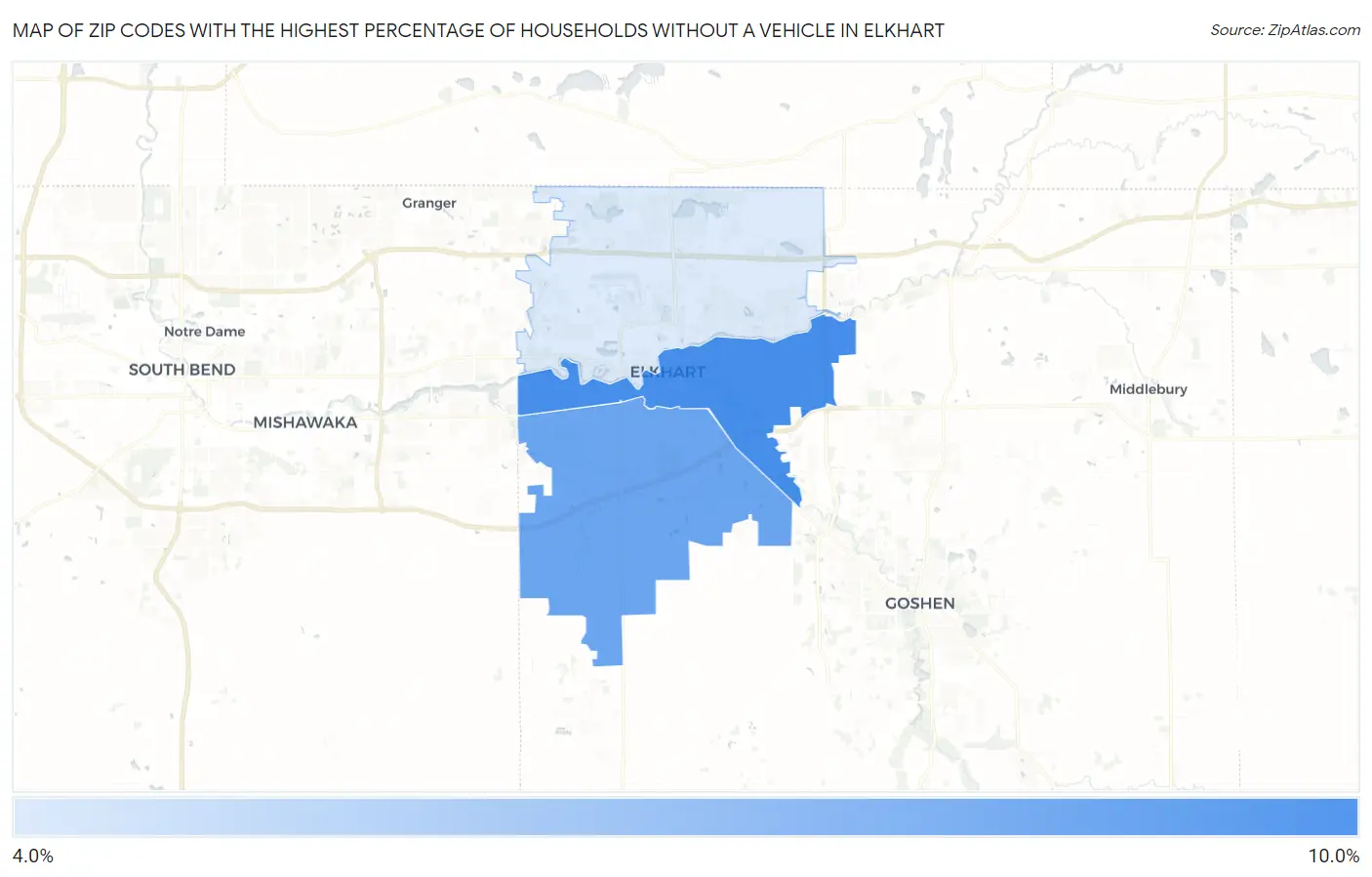 Zip Codes with the Highest Percentage of Households Without a Vehicle in Elkhart Map
