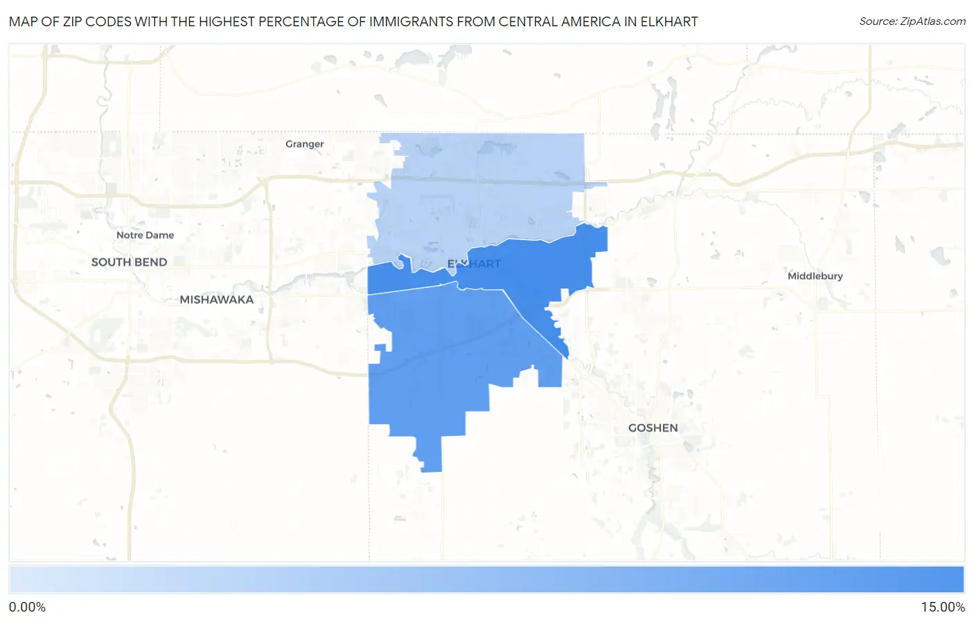 Zip Codes with the Highest Percentage of Immigrants from Central America in Elkhart Map