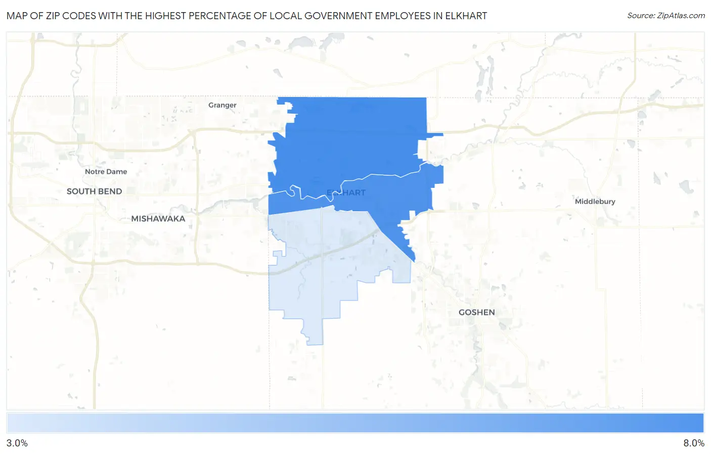 Zip Codes with the Highest Percentage of Local Government Employees in Elkhart Map