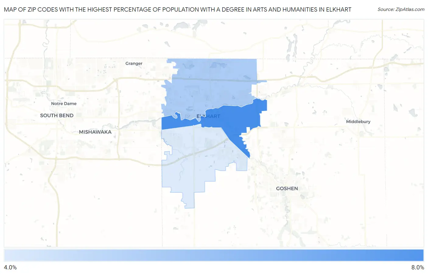 Zip Codes with the Highest Percentage of Population with a Degree in Arts and Humanities in Elkhart Map