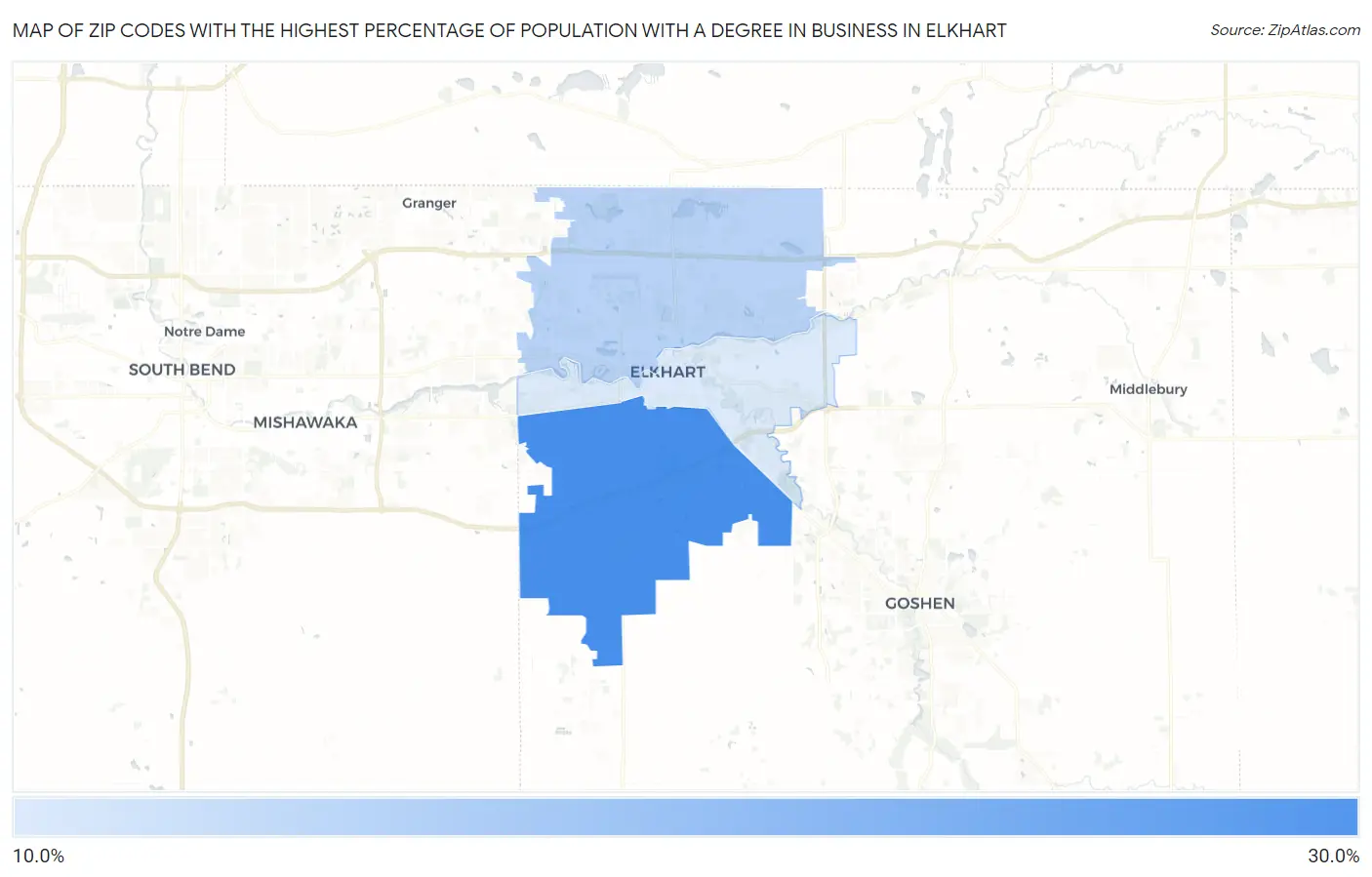 Zip Codes with the Highest Percentage of Population with a Degree in Business in Elkhart Map