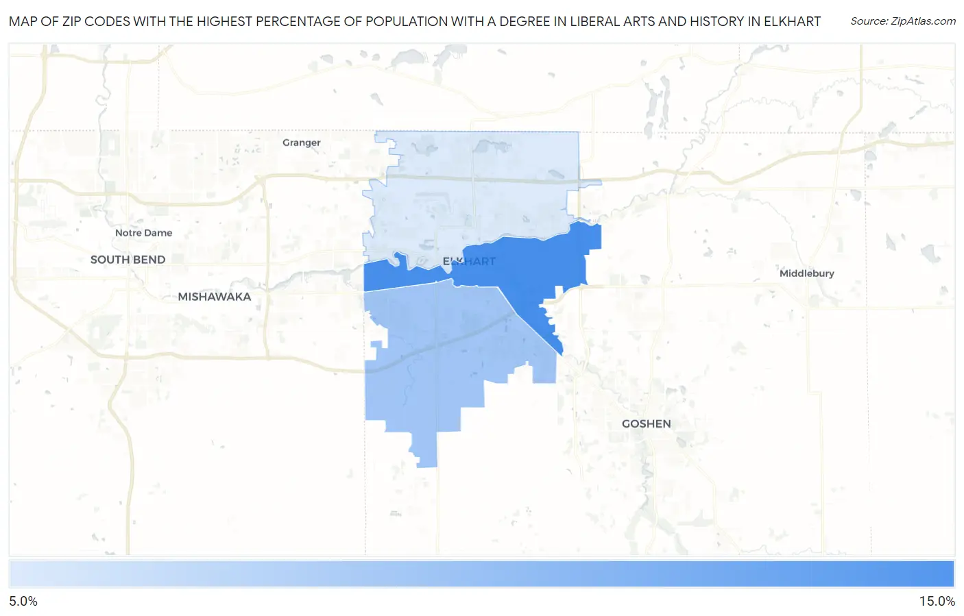 Zip Codes with the Highest Percentage of Population with a Degree in Liberal Arts and History in Elkhart Map