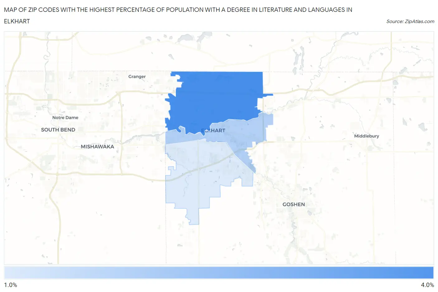 Zip Codes with the Highest Percentage of Population with a Degree in Literature and Languages in Elkhart Map