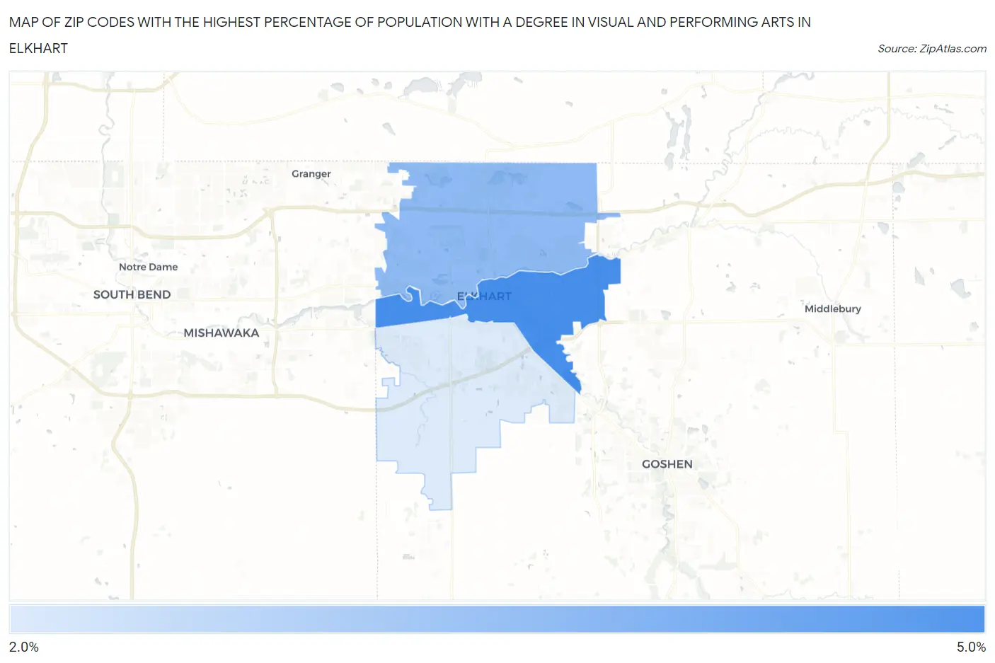 Zip Codes with the Highest Percentage of Population with a Degree in Visual and Performing Arts in Elkhart Map
