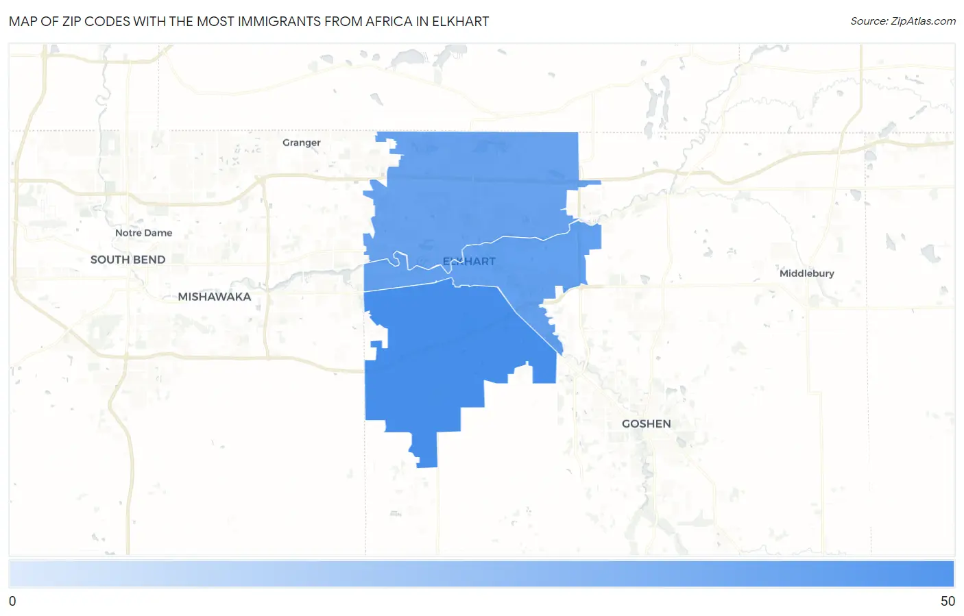 Zip Codes with the Most Immigrants from Africa in Elkhart Map