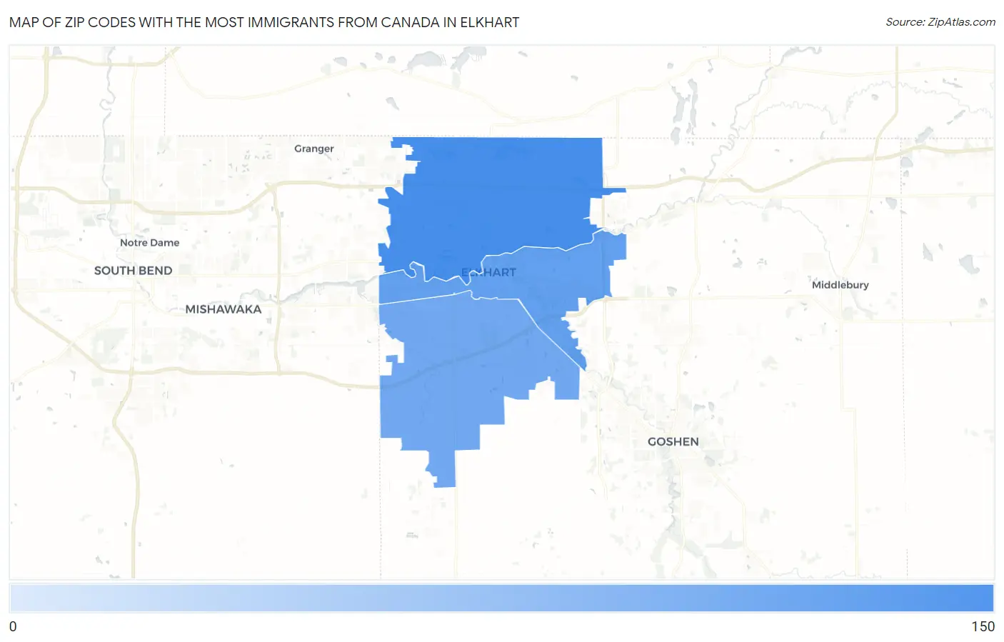 Zip Codes with the Most Immigrants from Canada in Elkhart Map