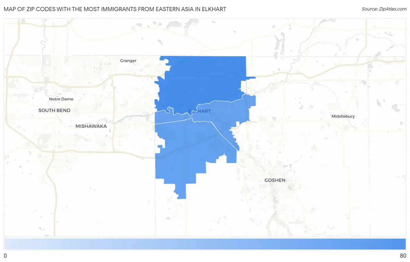 Zip Codes with the Most Immigrants from Eastern Asia in Elkhart Map