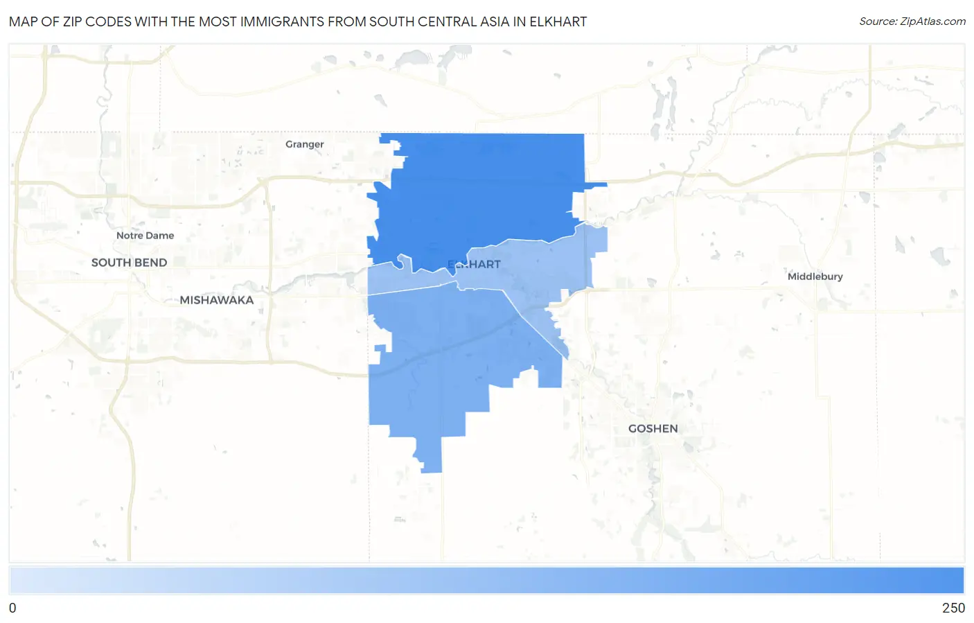 Zip Codes with the Most Immigrants from South Central Asia in Elkhart Map