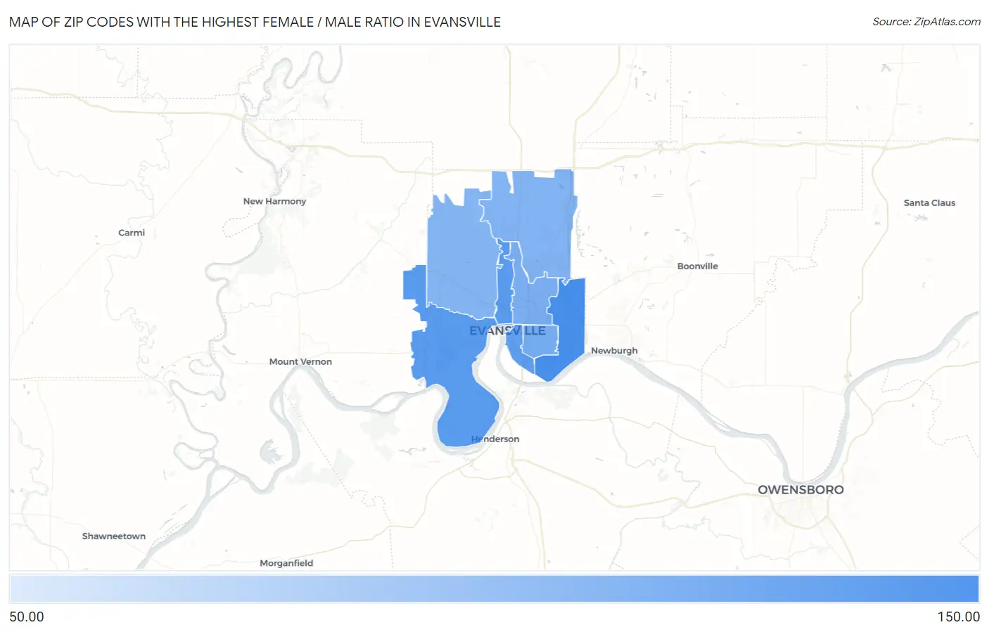 Zip Codes with the Highest Female / Male Ratio in Evansville Map