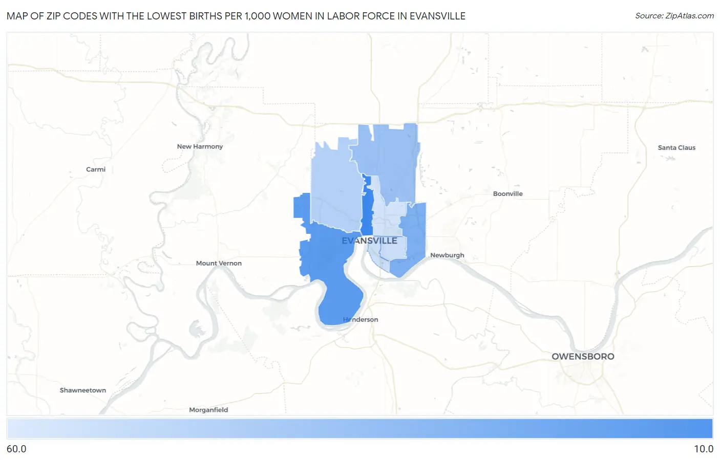 Zip Codes with the Lowest Births per 1,000 Women in Labor Force in Evansville Map
