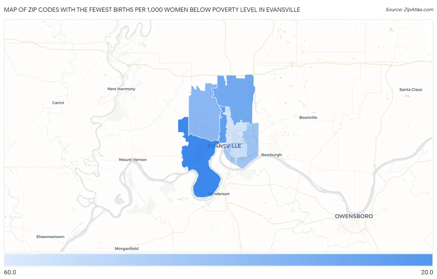 Zip Codes with the Fewest Births per 1,000 Women Below Poverty Level in Evansville Map