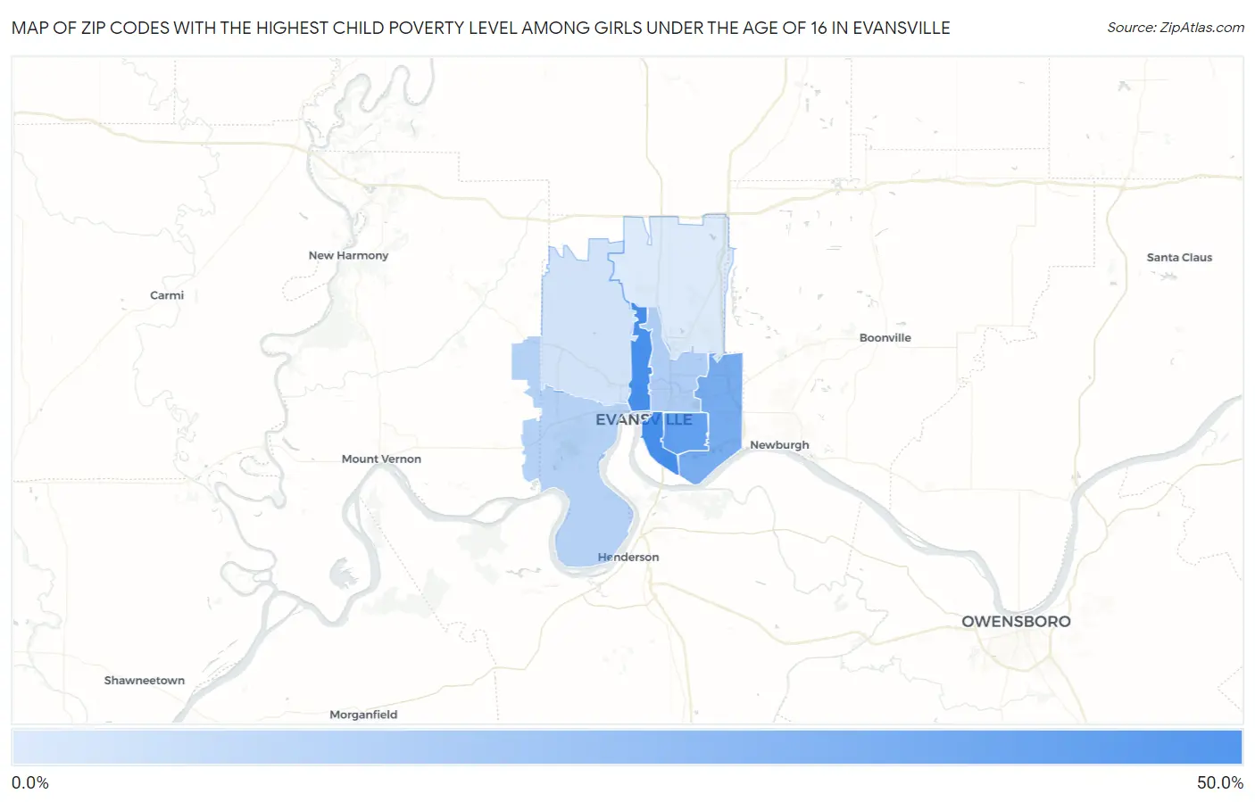 Zip Codes with the Highest Child Poverty Level Among Girls Under the Age of 16 in Evansville Map