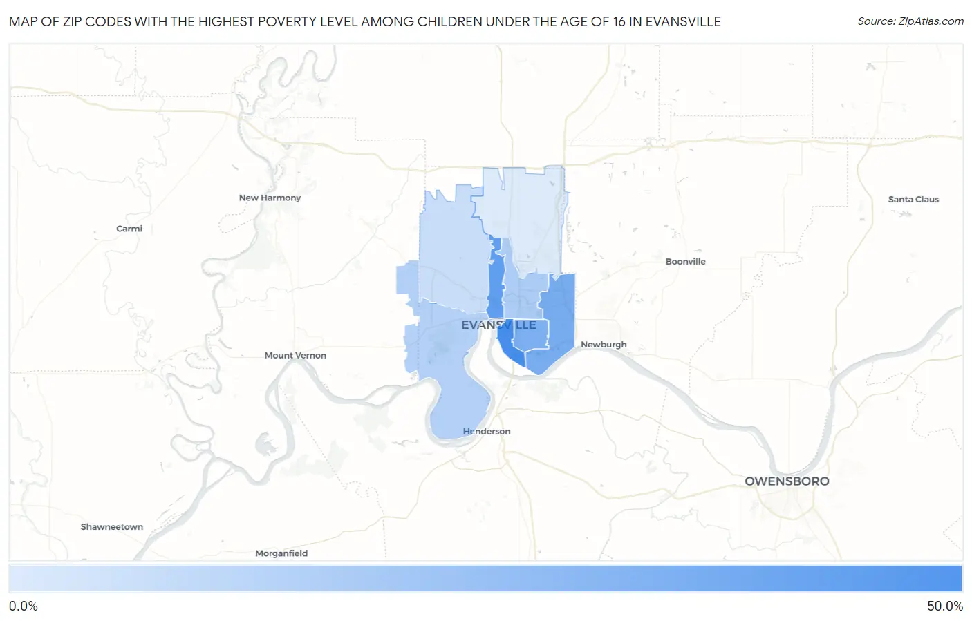 Zip Codes with the Highest Poverty Level Among Children Under the Age of 16 in Evansville Map