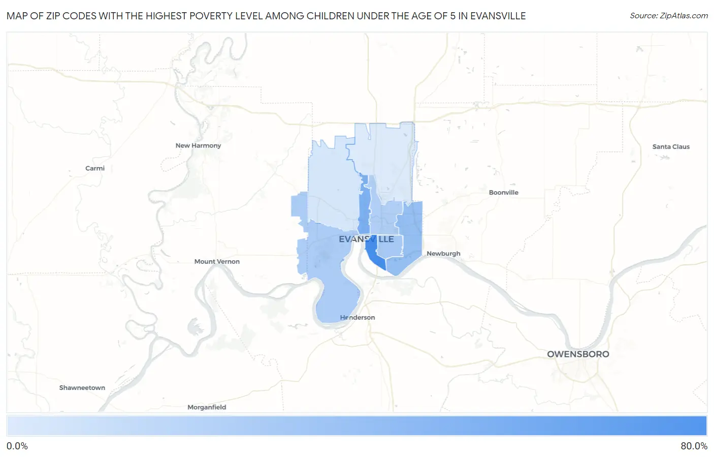 Zip Codes with the Highest Poverty Level Among Children Under the Age of 5 in Evansville Map