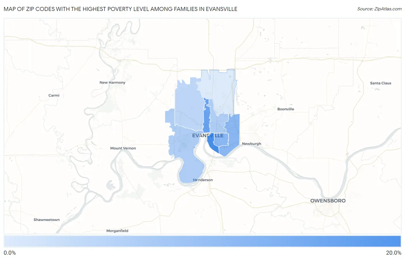 Zip Codes with the Highest Poverty Level Among Families in Evansville Map