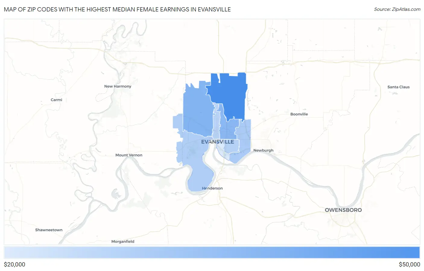 Zip Codes with the Highest Median Female Earnings in Evansville Map