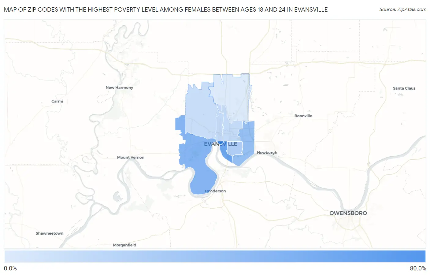 Zip Codes with the Highest Poverty Level Among Females Between Ages 18 and 24 in Evansville Map