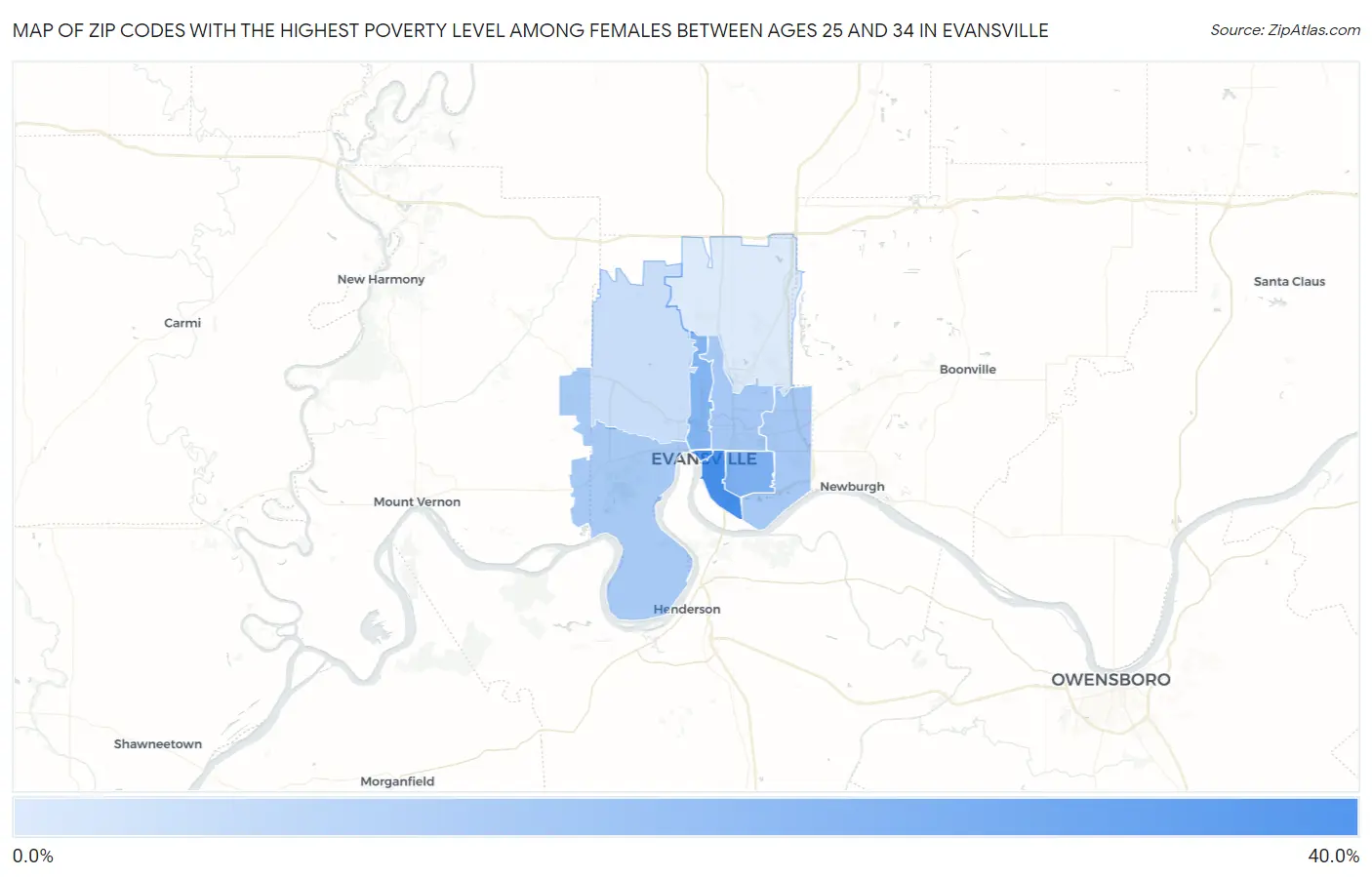 Zip Codes with the Highest Poverty Level Among Females Between Ages 25 and 34 in Evansville Map
