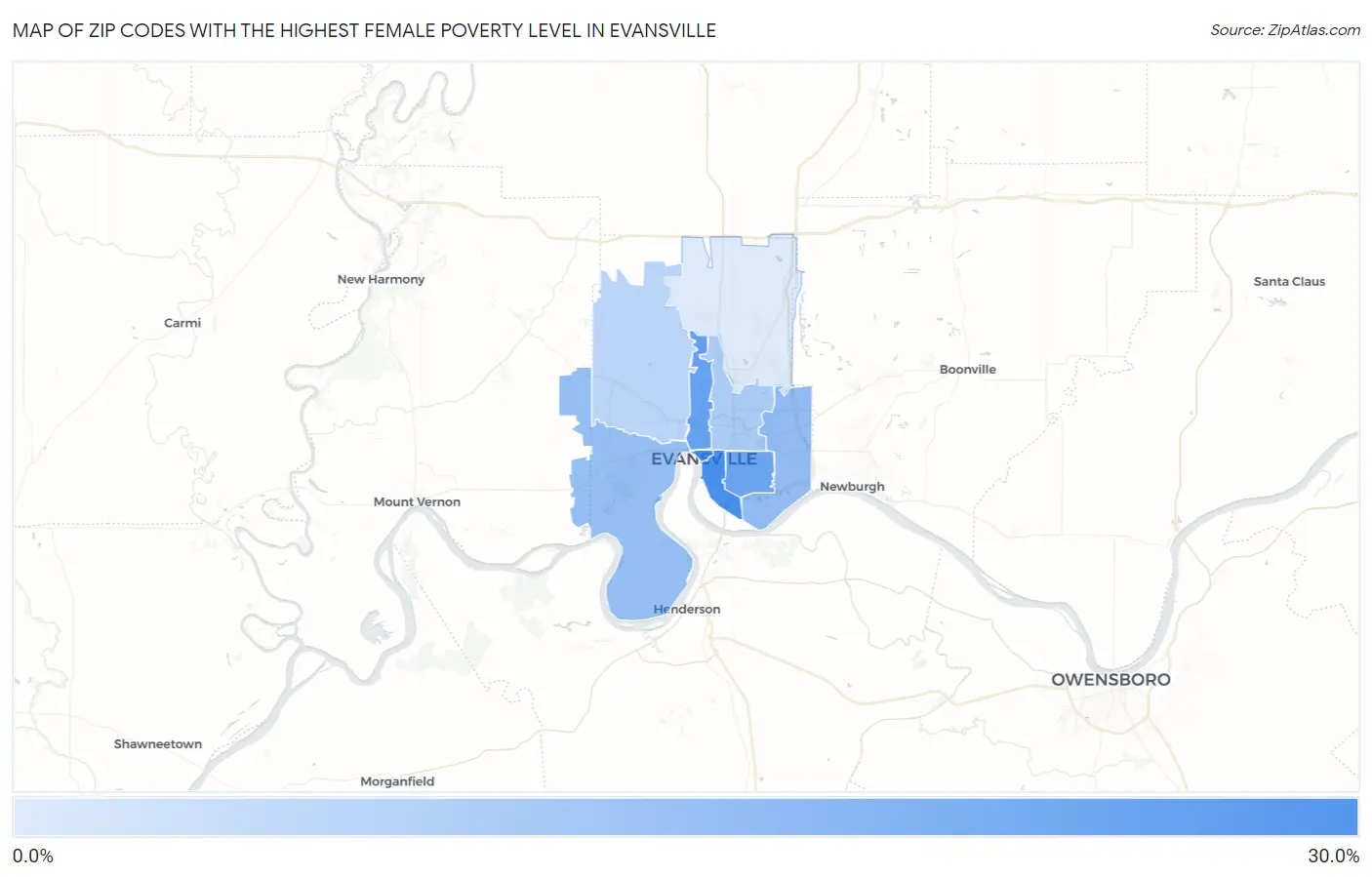 Zip Codes with the Highest Female Poverty Level in Evansville Map
