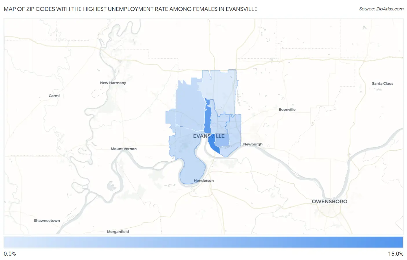 Zip Codes with the Highest Unemployment Rate Among Females in Evansville Map