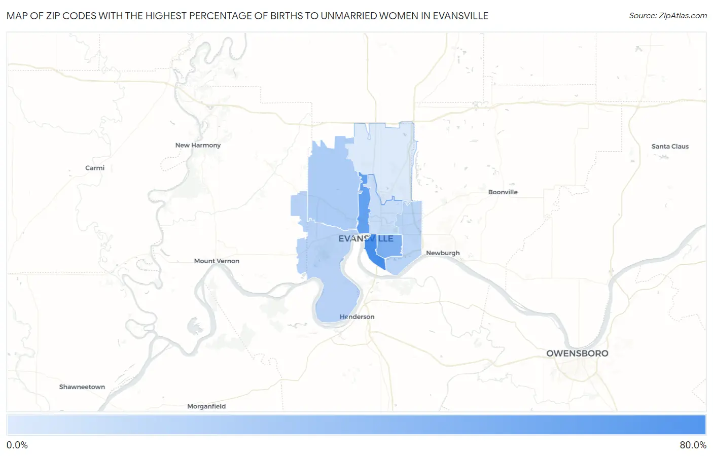 Zip Codes with the Highest Percentage of Births to Unmarried Women in Evansville Map