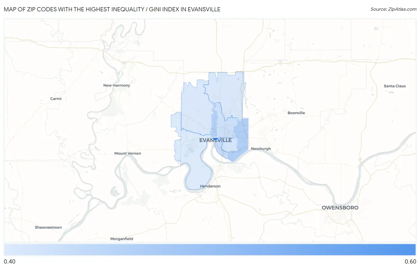 Zip Codes with the Highest Inequality / Gini Index in Evansville Map