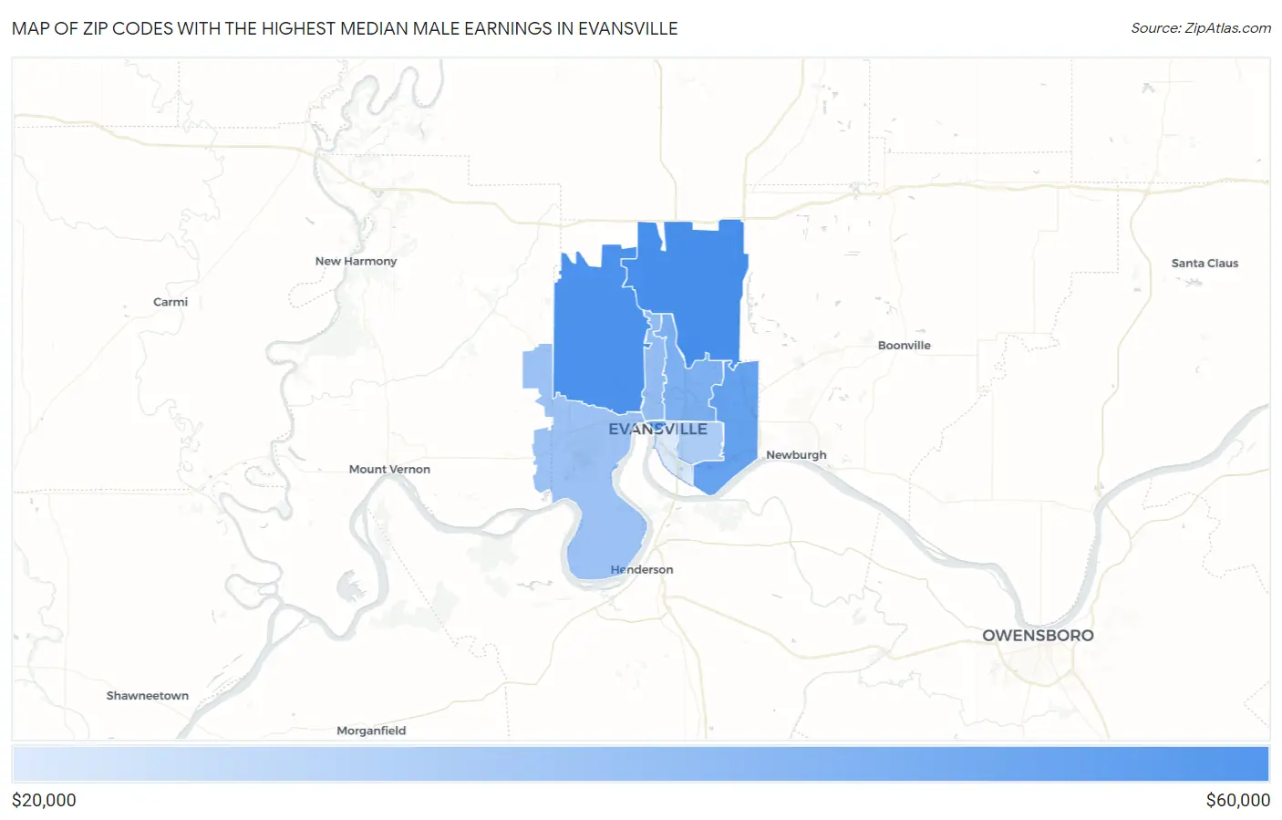Zip Codes with the Highest Median Male Earnings in Evansville Map