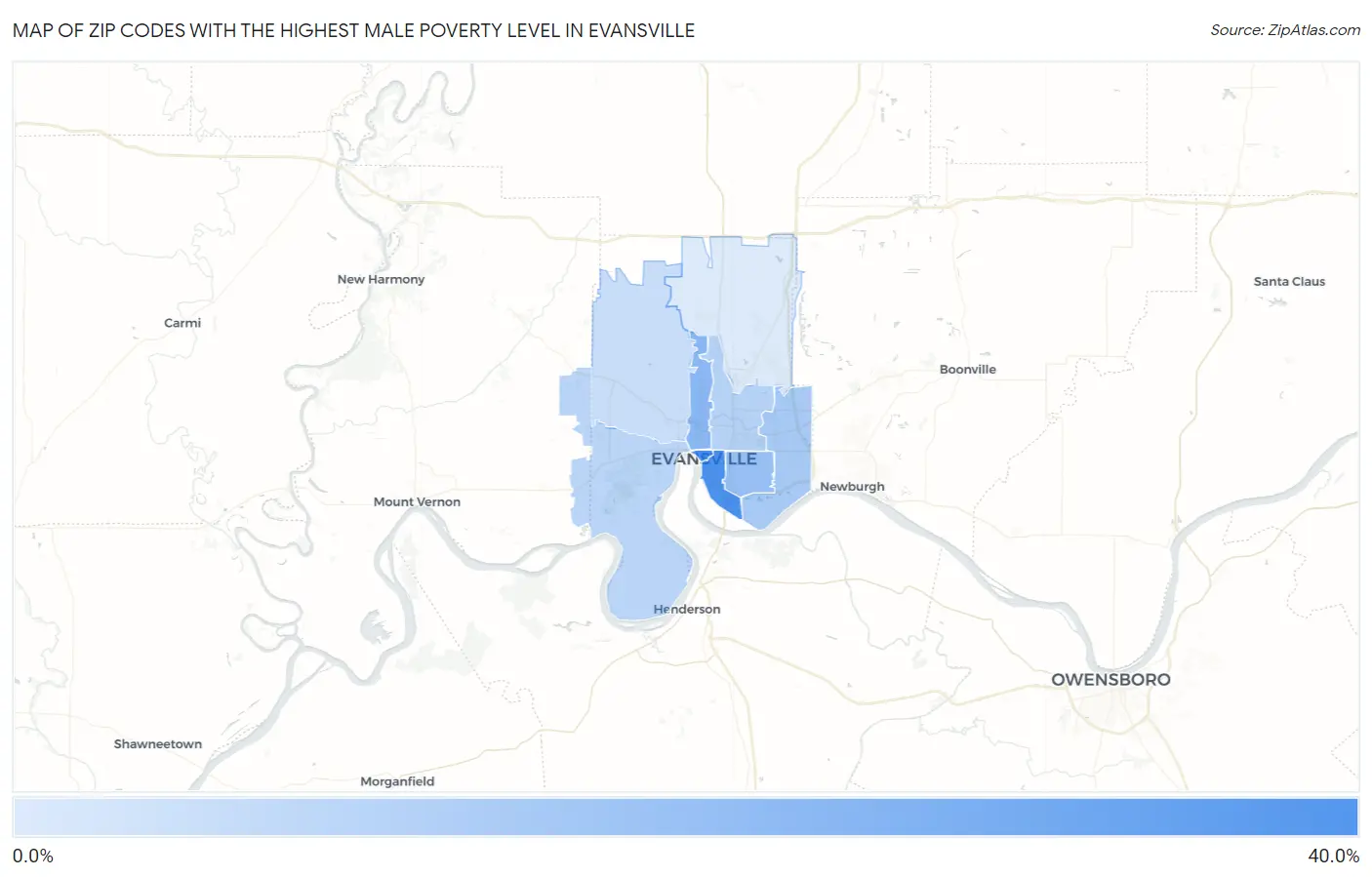 Zip Codes with the Highest Male Poverty Level in Evansville Map