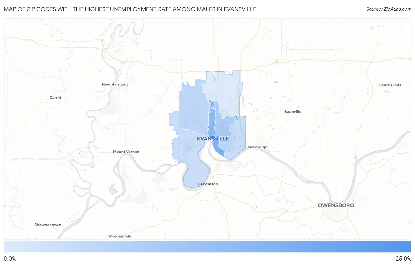 Zip Codes with the Highest Unemployment Rate Among Males in Evansville Map