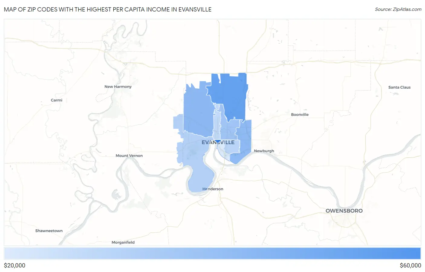 Zip Codes with the Highest Per Capita Income in Evansville Map