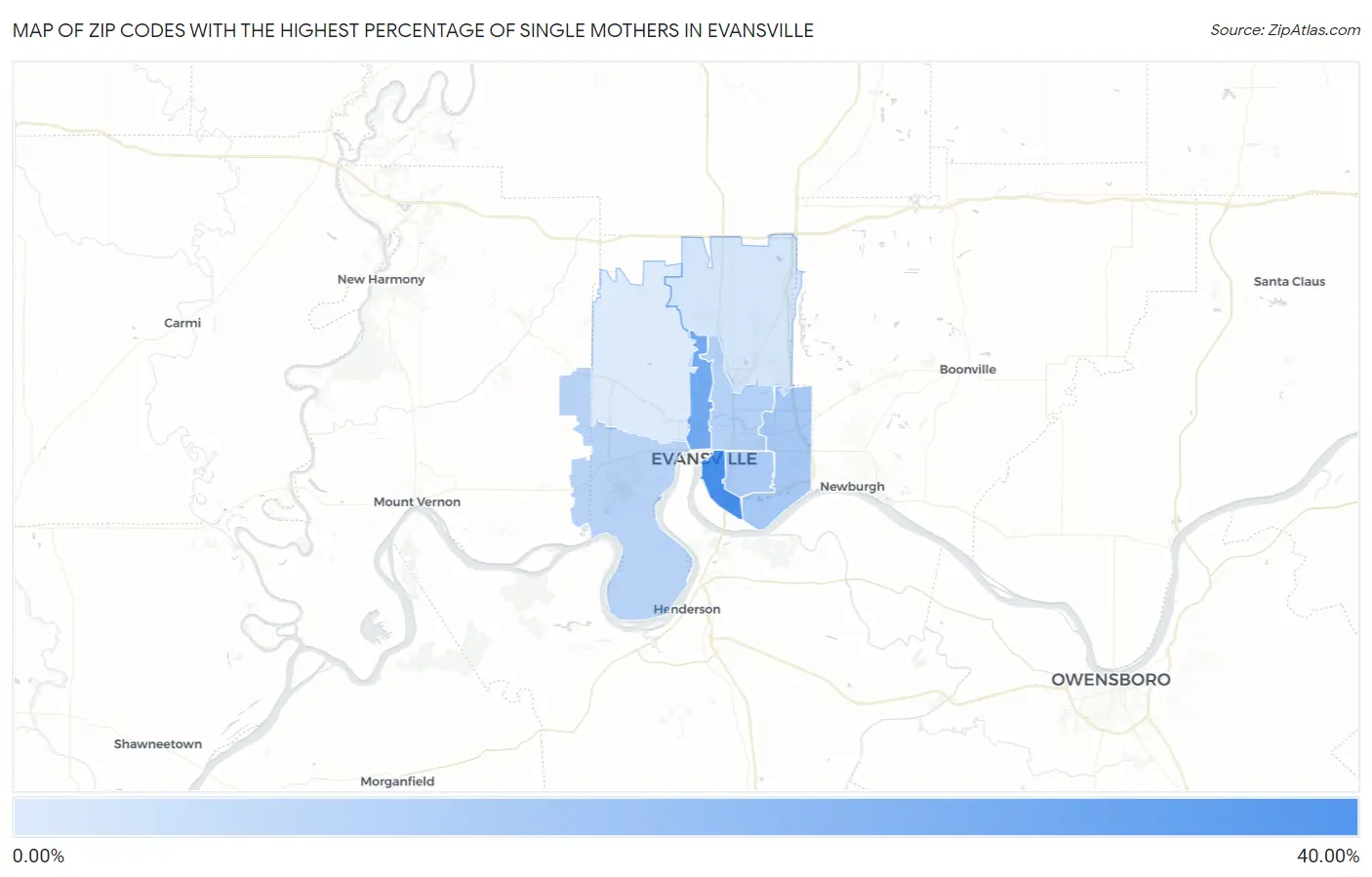 Zip Codes with the Highest Percentage of Single Mothers in Evansville Map