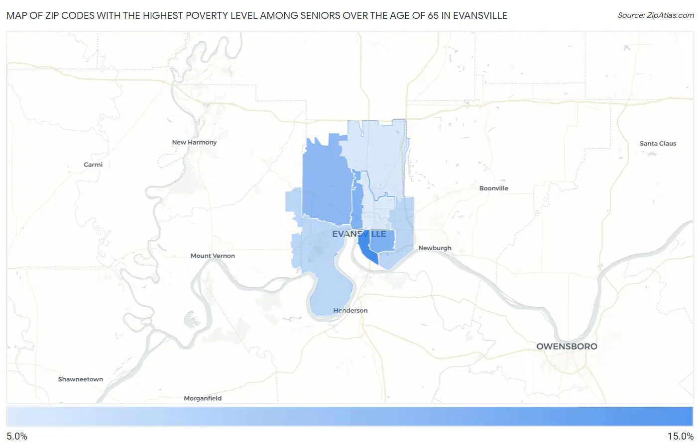 Zip Codes with the Highest Poverty Level Among Seniors Over the Age of 65 in Evansville Map
