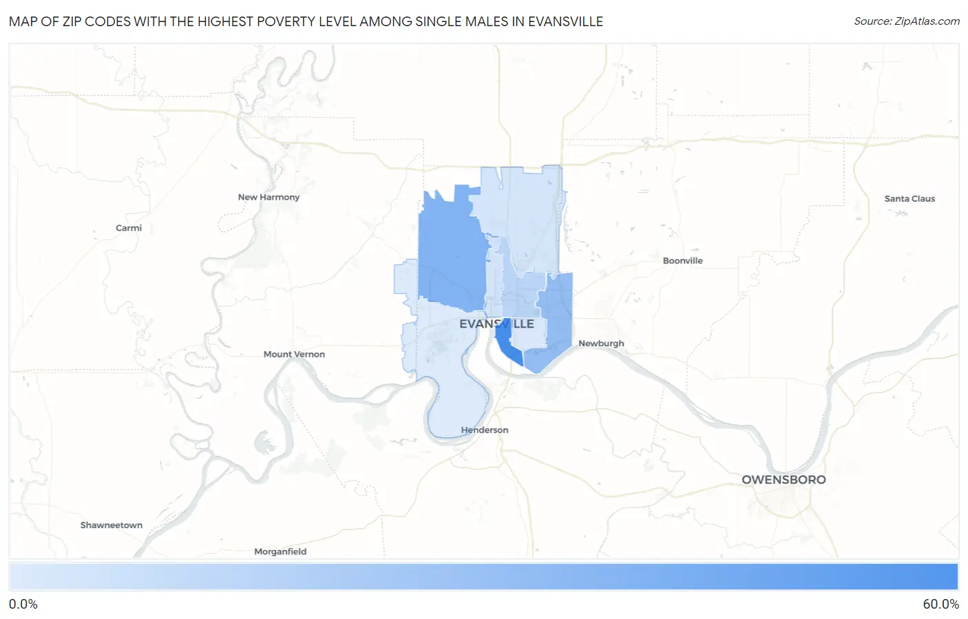 Zip Codes with the Highest Poverty Level Among Single Males in Evansville Map