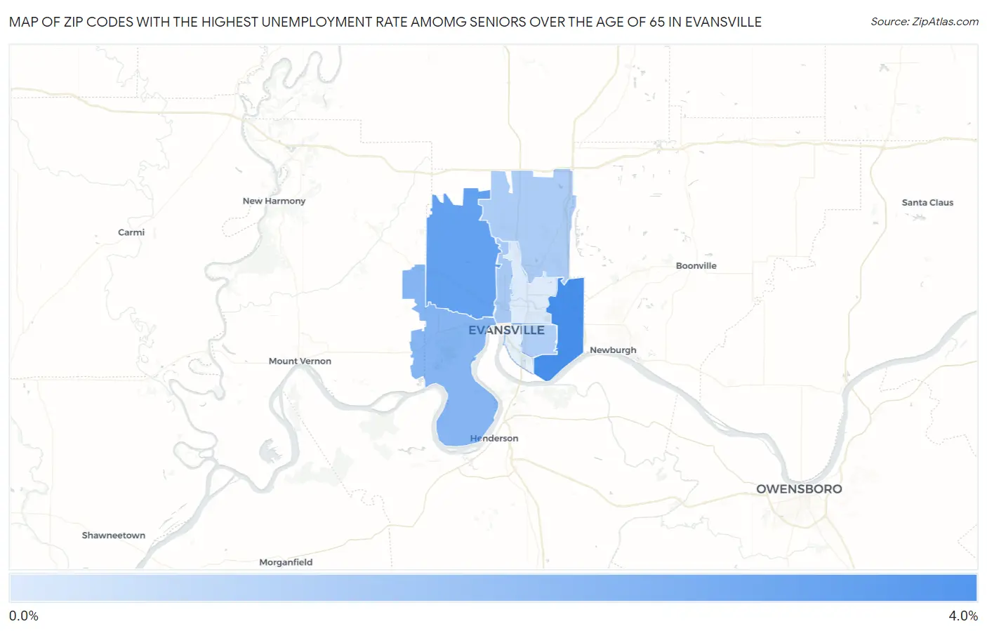 Zip Codes with the Highest Unemployment Rate Amomg Seniors Over the Age of 65 in Evansville Map