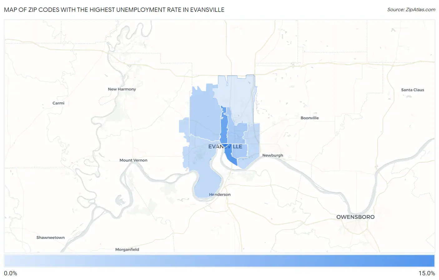 Zip Codes with the Highest Unemployment Rate in Evansville Map