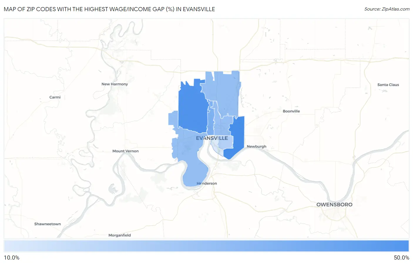 Zip Codes with the Highest Wage/Income Gap (%) in Evansville Map