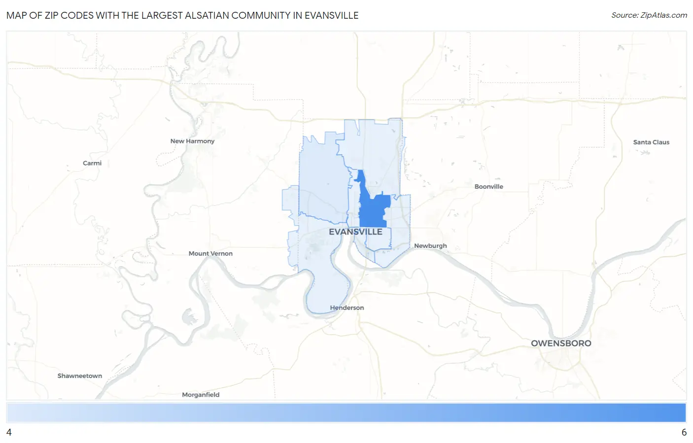 Zip Codes with the Largest Alsatian Community in Evansville Map