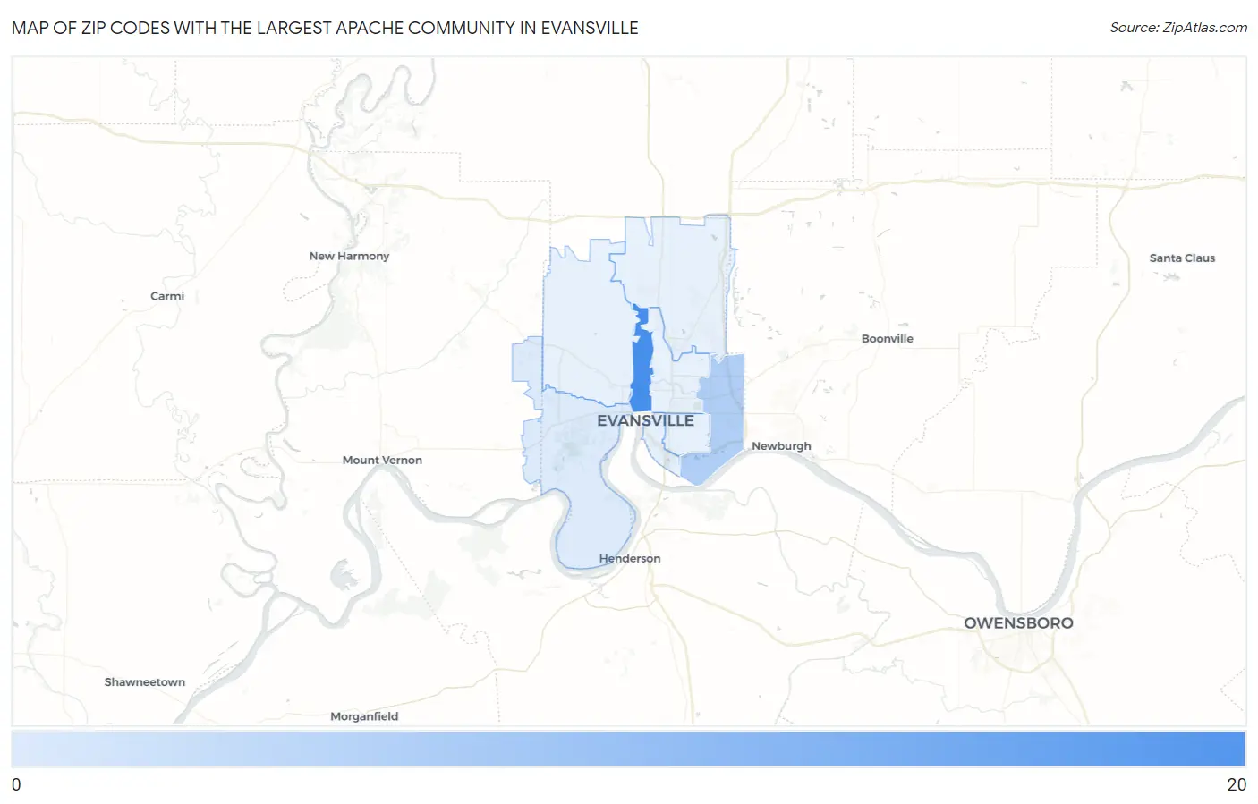 Zip Codes with the Largest Apache Community in Evansville Map