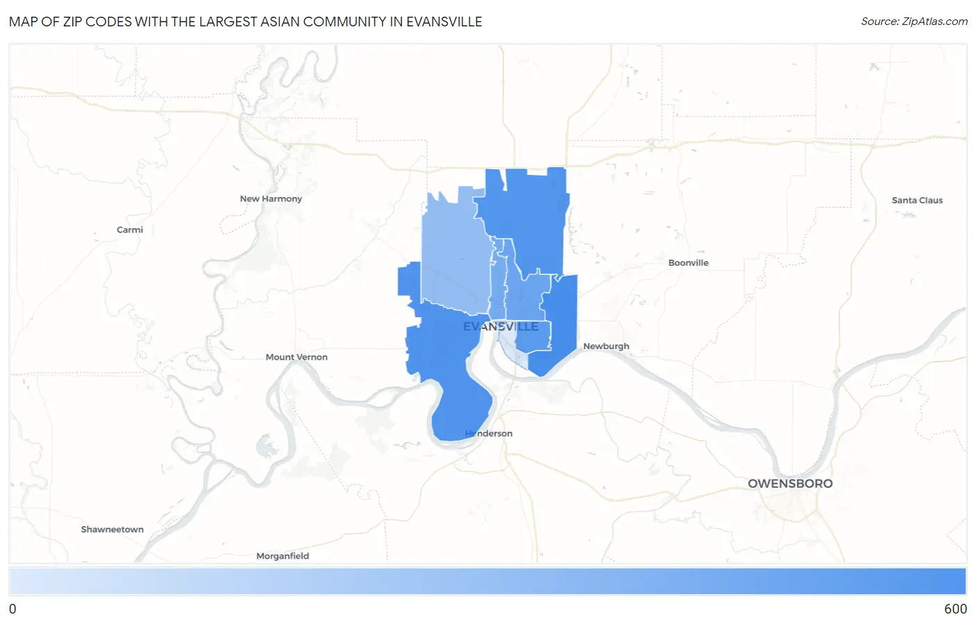 Zip Codes with the Largest Asian Community in Evansville Map
