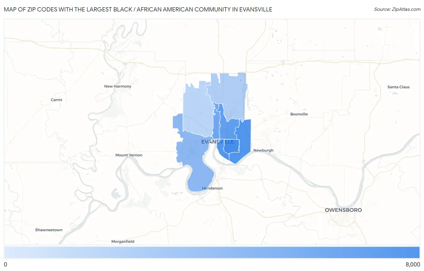 Zip Codes with the Largest Black / African American Community in Evansville Map