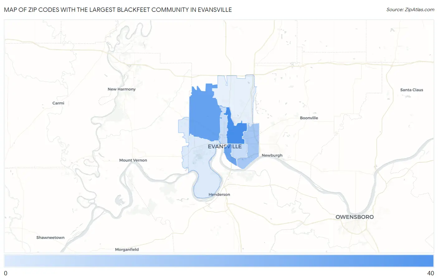 Zip Codes with the Largest Blackfeet Community in Evansville Map